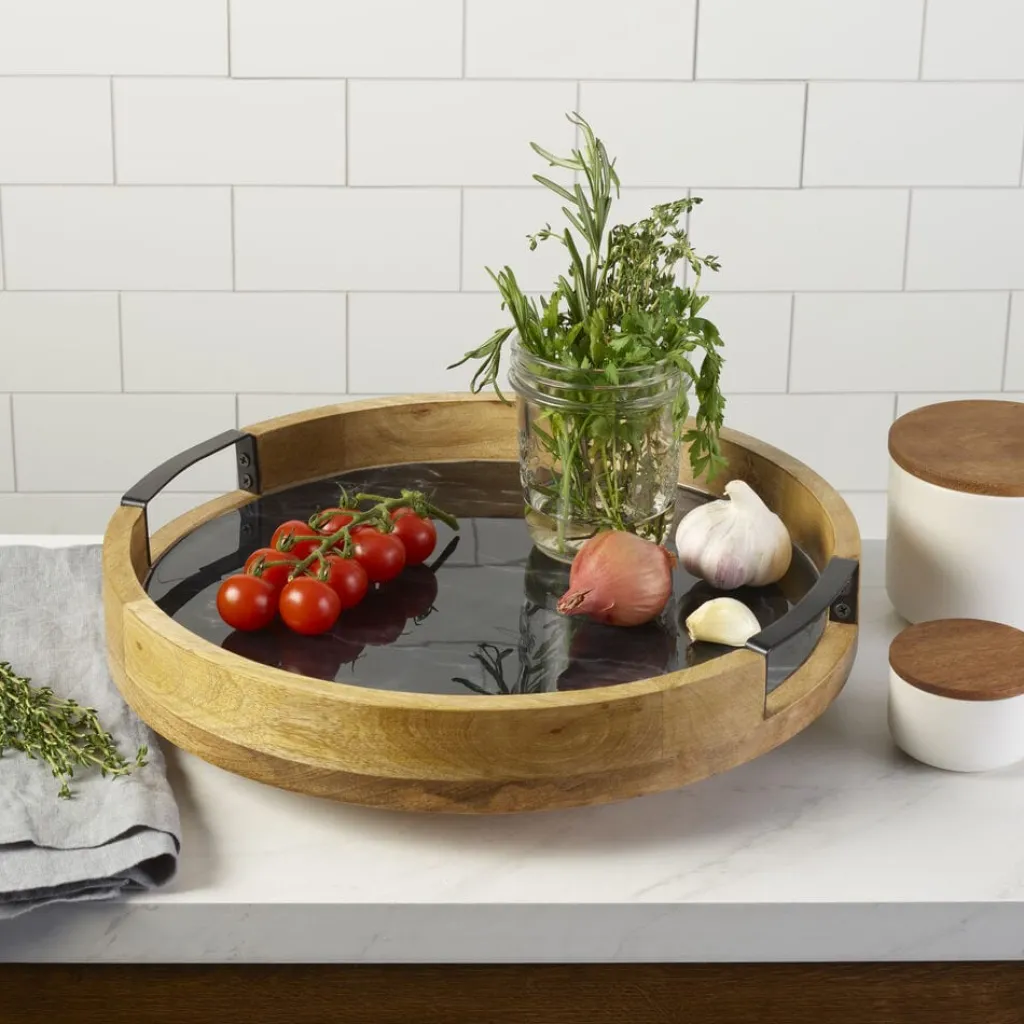 Lazy Susans|Gourmet Basics® Black Marble Lazy Susan Serve Tray