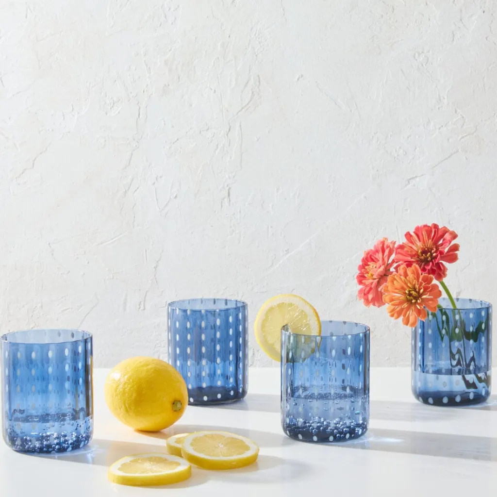 Drinking Glasses|Darbie Angell Dappled Clouds Cobalt Set of 4 Double Old Fashioned Glasses