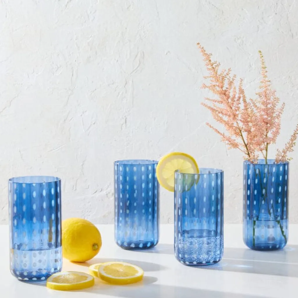 Drinking Glasses|Darbie Angell Dappled Clouds Cobalt Set of 4 Highball Glasses