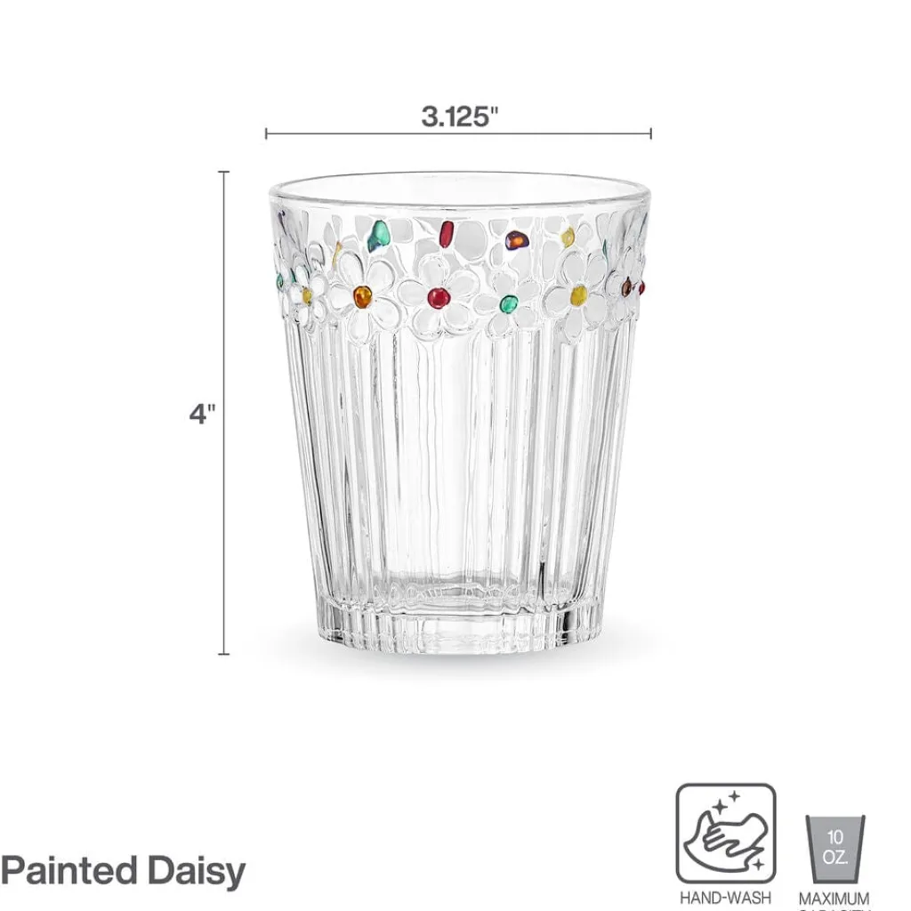 Drinking Glasses|Darbie Angell Painted Daisy Set of 4 Double Old Fashioned Glasses