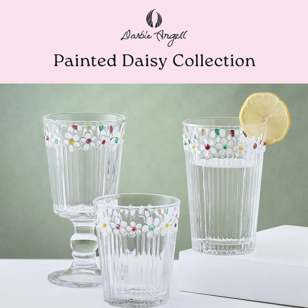 Drinking Glasses|Darbie Angell Painted Daisy Set of 4 Double Old Fashioned Glasses