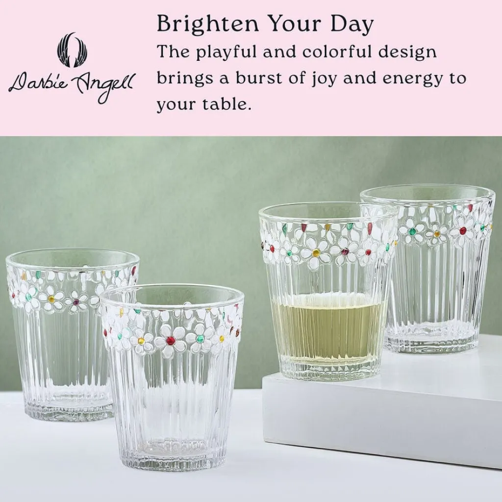 Drinking Glasses|Darbie Angell Painted Daisy Set of 4 Double Old Fashioned Glasses