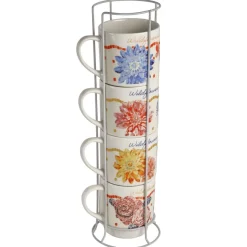 Coffee Mugs|Dolly Parton Mosaic Floral Set of 4 Mugs with Rack