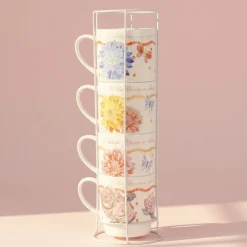 Coffee Mugs|Dolly Parton Mosaic Floral Set of 4 Mugs with Rack