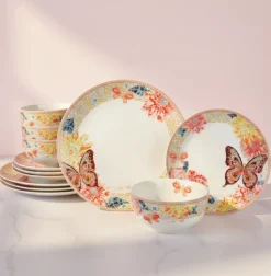 Dinnerware Service For 4|Dolly Parton Mosaic Peach Butterfly 12 Piece Dinnerware Set Service for 4