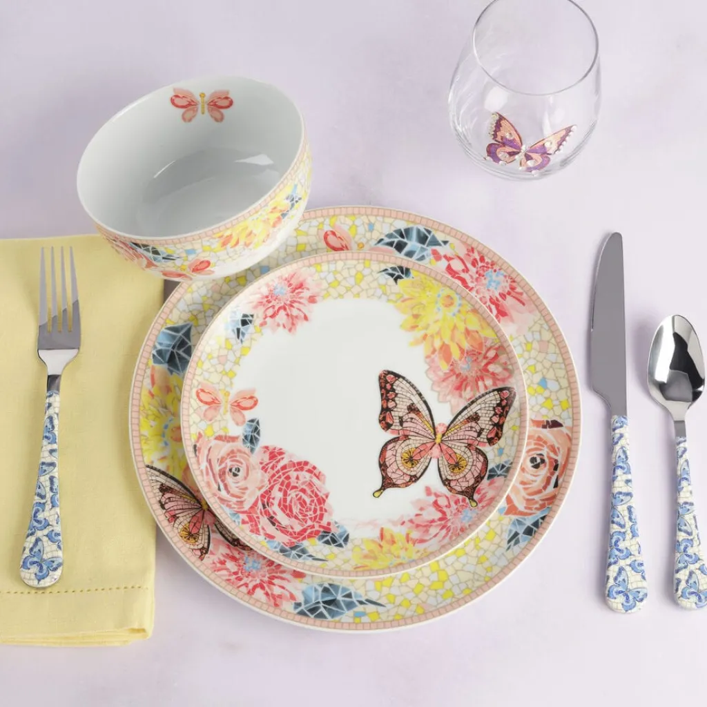 Dinnerware Service For 4|Dolly Parton Mosaic Peach Butterfly 12 Piece Dinnerware Set Service for 4