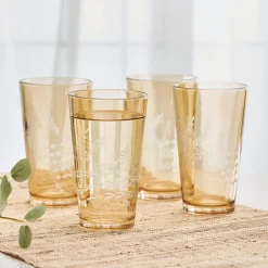 Drinking Glasses|Fitz and Floyd Wildflower Highball Glasses Set of 4, Gold