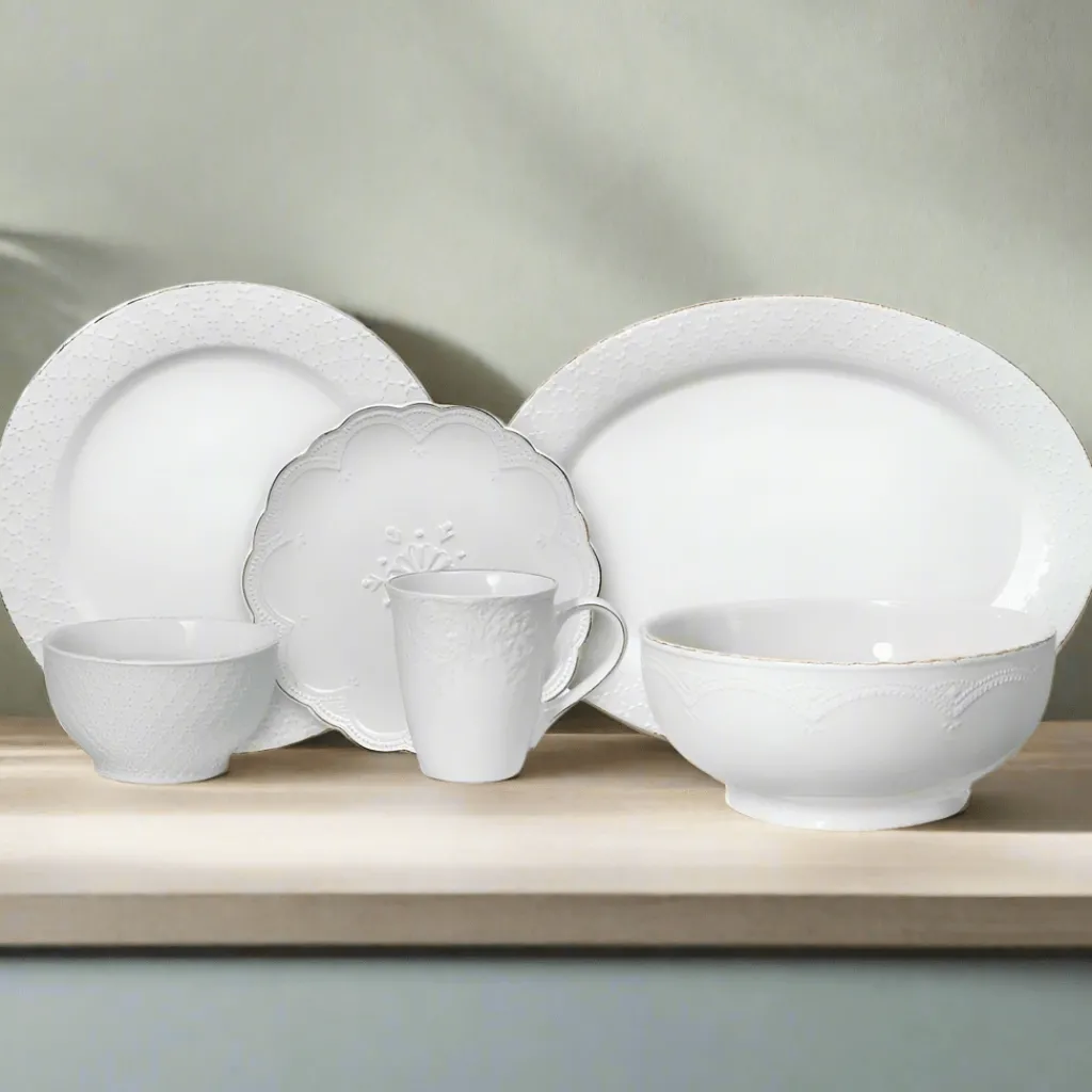 Dinnerware Service For 8|Pfaltzgraff® French Lace White Service for 8 with Serveware