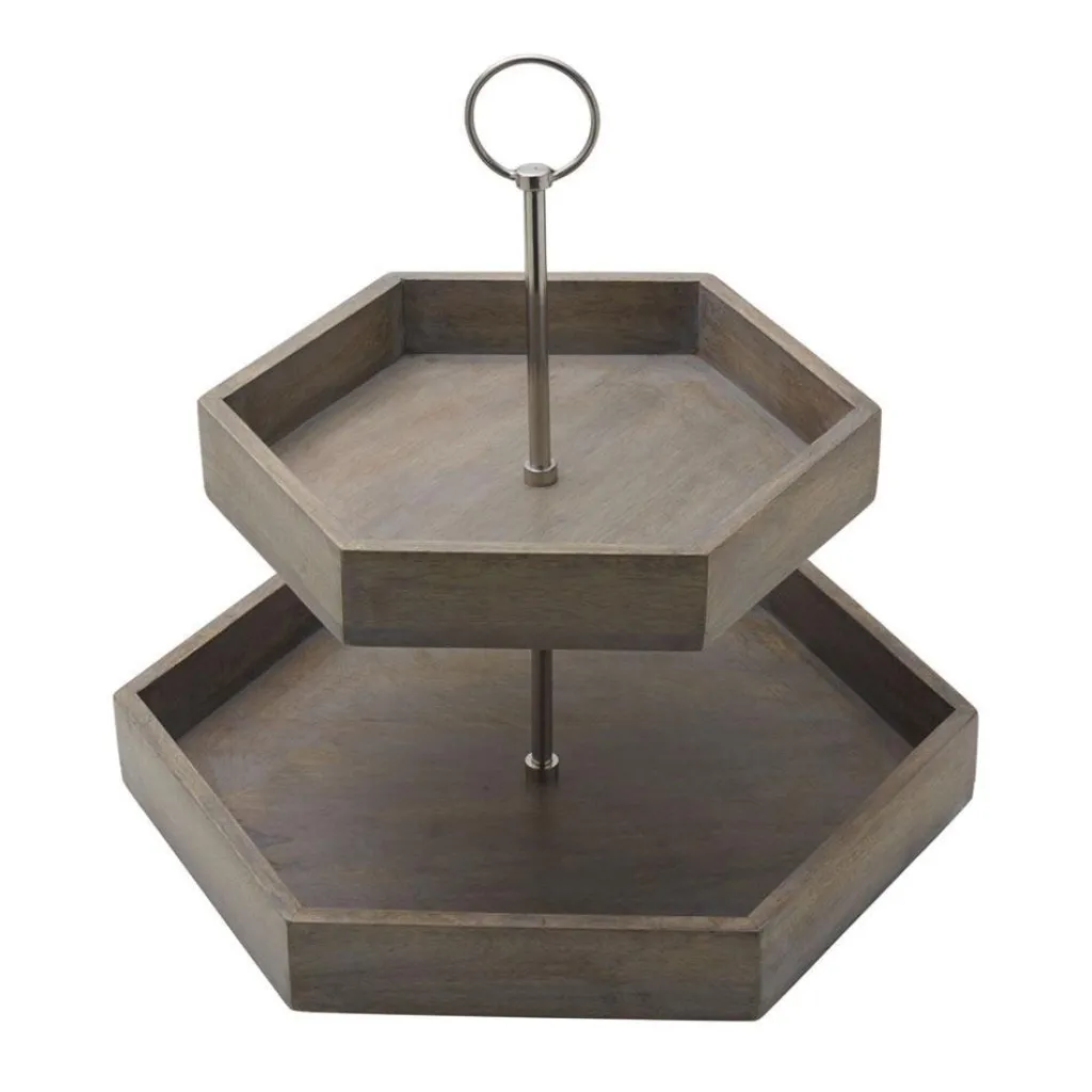 Fruit And Storage Baskets|Gourmet Basics® Hexagon 2 Tiered Mango Wood Serve Tray