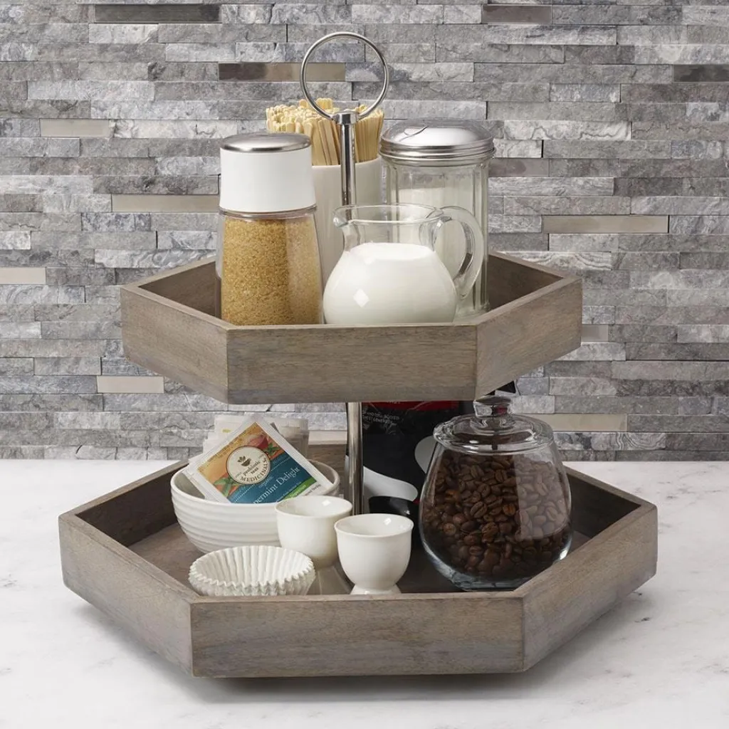 Fruit And Storage Baskets|Gourmet Basics® Hexagon 2 Tiered Mango Wood Serve Tray