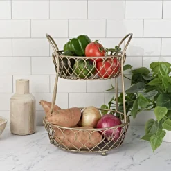 Fruit And Storage Baskets|Gourmet Basics® Lattice 2 Tier Matte Gold Countertop Basket