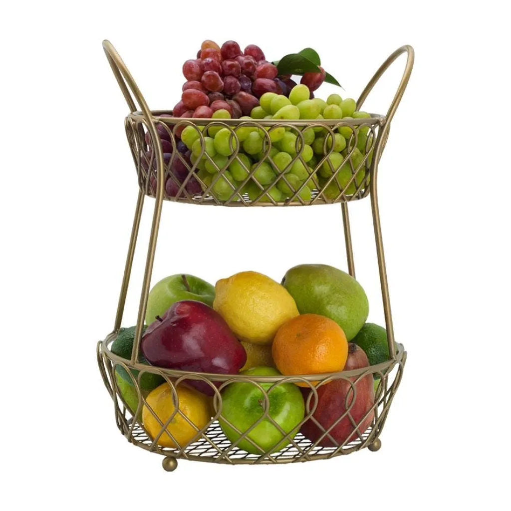 Fruit And Storage Baskets|Gourmet Basics® Lattice 2 Tier Matte Gold Countertop Basket