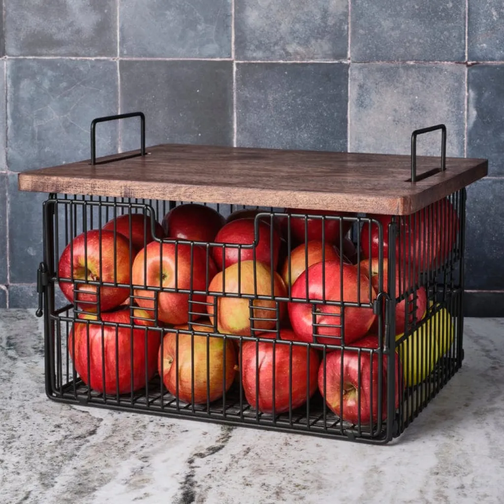 Fruit And Storage Baskets|Gourmet Basics® Madam Grid Stacking and Nesting Basket with Mango Wood Lid