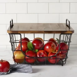 Fruit And Storage Baskets|Gourmet Basics® Madam Stacking And Nesting Basket with Acacia Lid