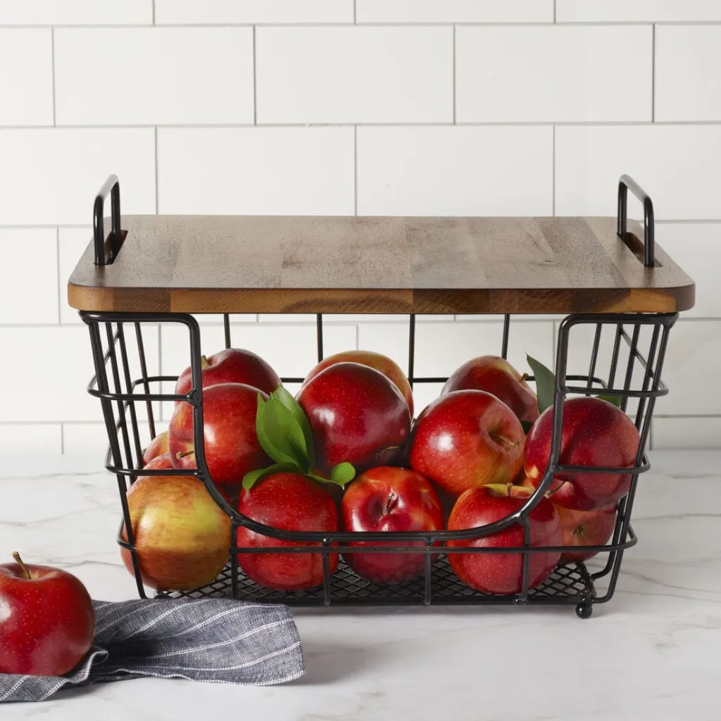 Fruit And Storage Baskets|Gourmet Basics® Madam Stacking And Nesting Basket with Acacia Lid