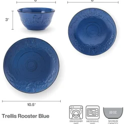 Dinnerware Service For 4|Pfaltzgraff® Trellis Rooster Blue 12 Piece Set, Service for 4