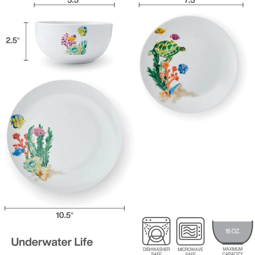 Dinnerware Service For 4|Studio Nova Underwater Life 12 Piece Dinnerware Set, Service for 4