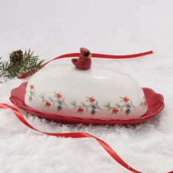 Butter Dishes|Pfaltzgraff® Winterberry® Cardinal Ruffled Butter Dish