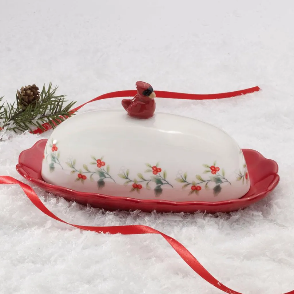 Butter Dishes|Pfaltzgraff® Winterberry® Cardinal Ruffled Butter Dish