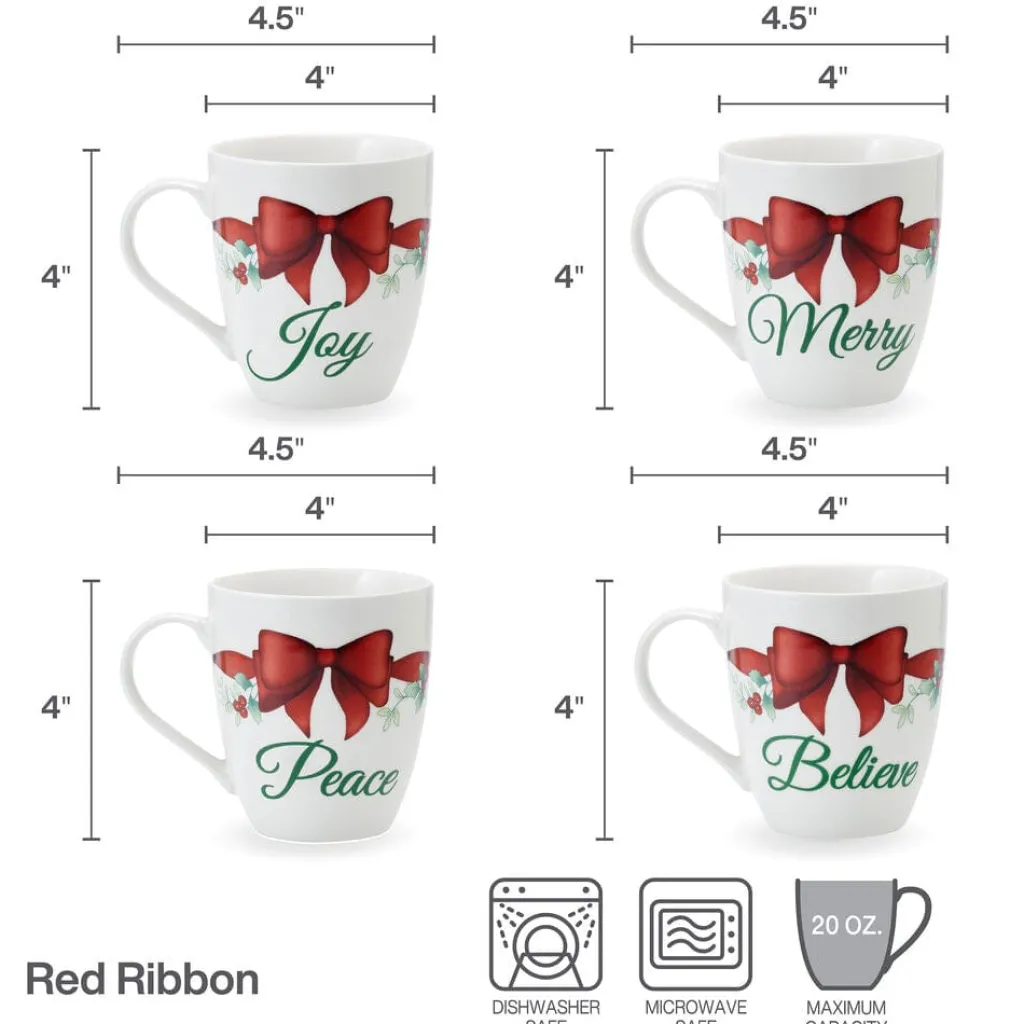 Coffee Mugs|Pfaltzgraff® Winterberry® Set of 4 Red Ribbon Sentiment Mugs