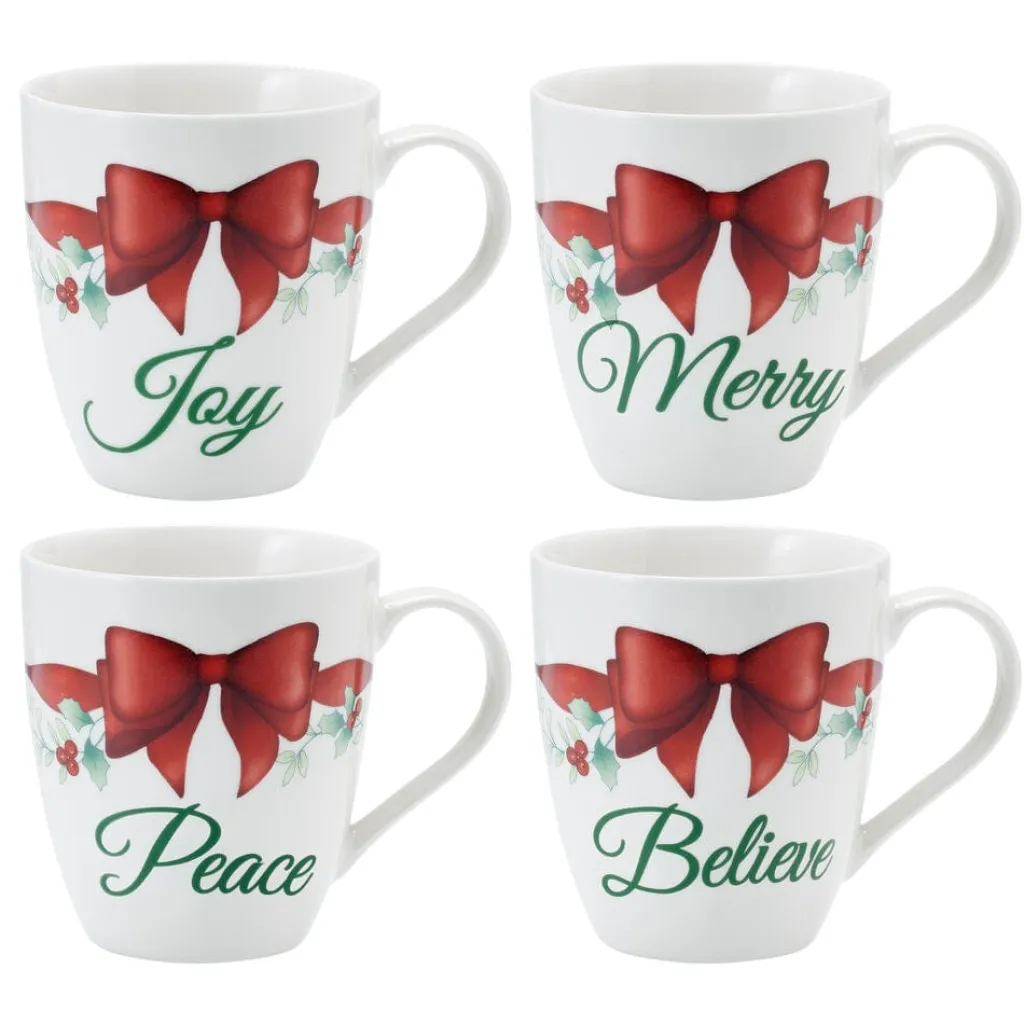 Coffee Mugs|Pfaltzgraff® Winterberry® Set of 4 Red Ribbon Sentiment Mugs