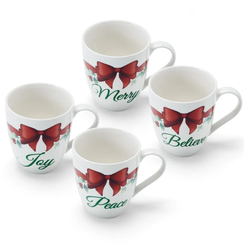 Coffee Mugs|Pfaltzgraff® Winterberry® Set of 4 Red Ribbon Sentiment Mugs