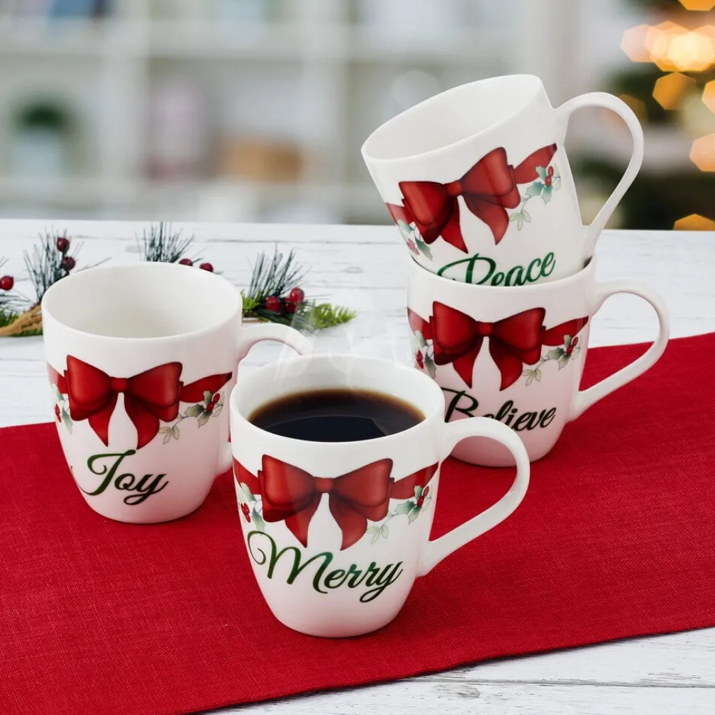 Coffee Mugs|Pfaltzgraff® Winterberry® Set of 4 Red Ribbon Sentiment Mugs