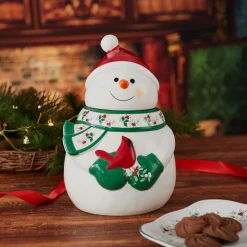 Fruit And Storage Baskets|Cookie Jars|Pfaltzgraff® Winterberry® Snowman with Cardinal Cookie Jar